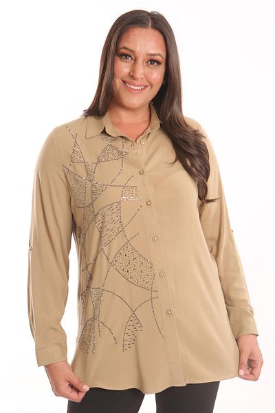 Metpoint Trend42Plus Large Size Stone Print Detailed Woven Beige Shirt
