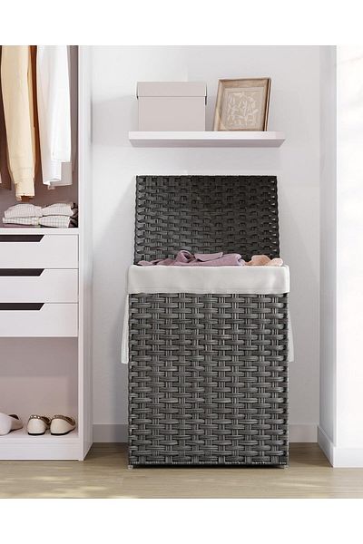 SONGMICS Laundry basket with lid, synthetic rattan and removable bag, 90 L, 46x33x60 cm, gray