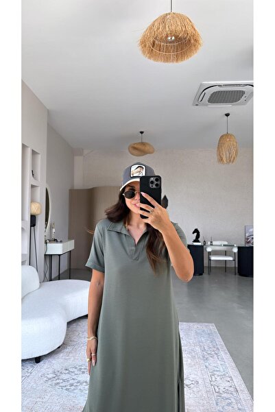 Buket Teke Μακρύ φόρεμα με χακί γιακά