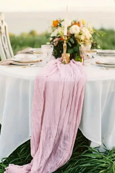 Hobi Goom Pink Chiffon Draped, Wrinkled Textured Decorative Fabric Bohemian Table Runner |   180X80Cm
