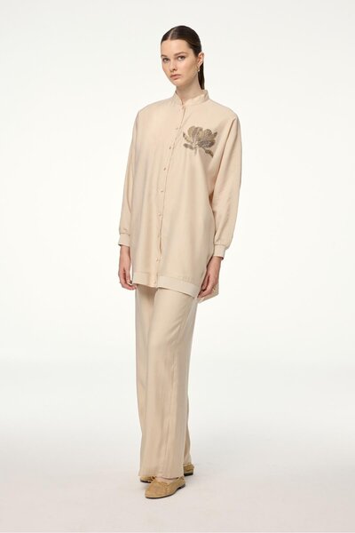 Zühre Stone Double Suit with Stand Collar Processing Detail Tk-1610