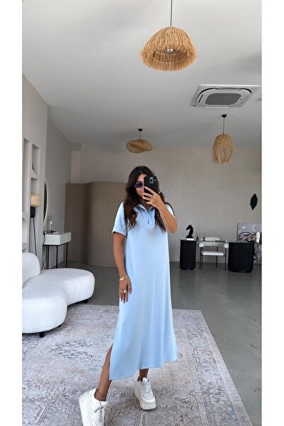 Buket Teke فستان طويل بياقة بيبي بلو