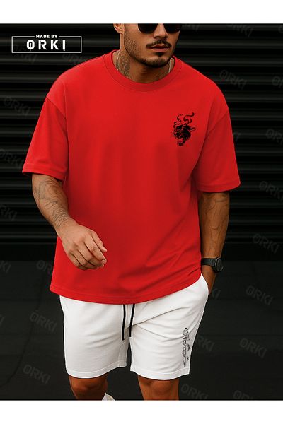 EFFRENATU Orki Tigerblade – Tiger & Sword Printed Oversize Men's Red T-Shirt and White Shorts Set
