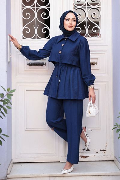 N.S NEVA STYLE Button Detailed Navy Blue Hijab Double Suit 40391L