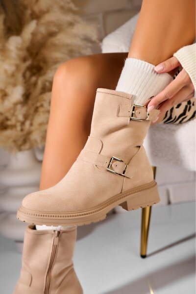 Joana Γυναικείες μπεζ μπότες με επένδυση από γούνα από τεχνητό σουέτ Haile