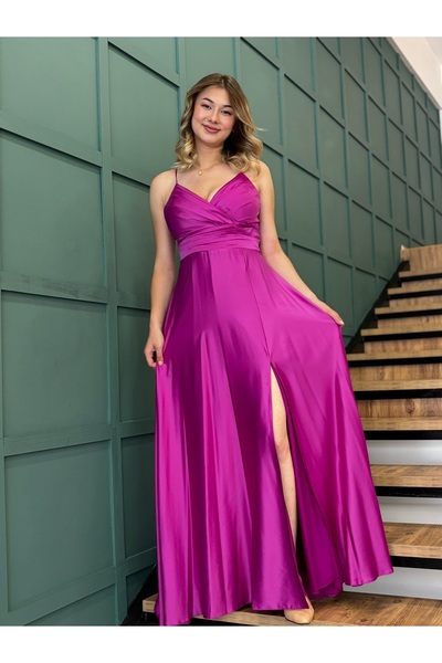 AYHAN Satin Long Evening Dress with Slit and Thin Straps