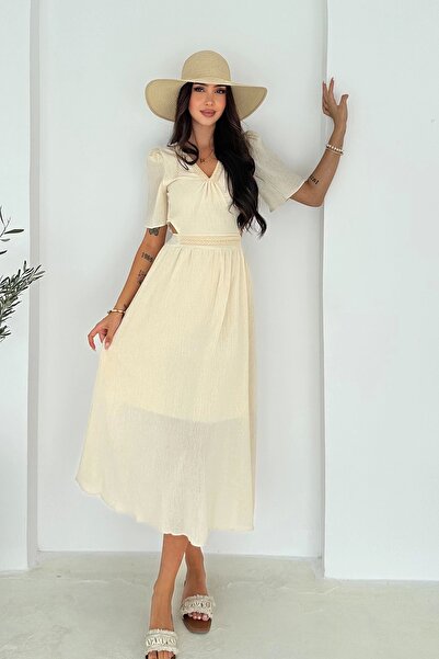 AsprinFashion Κρέμα για φορέματα από λινό με ανοιχτή μέση συνδυασμός υφασμάτω...