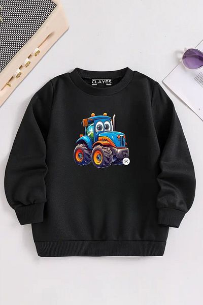 VBSVİBES Children's Black Crew Neck Cute Tractor Printed, Winter Thick Raster Fabric