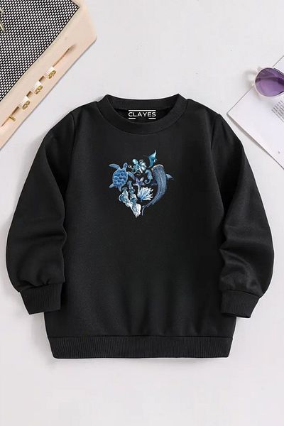 VBSVİBES Children's Black Crew Neck Ocean Creatures Printed, Winter Thick Hooded Fabric