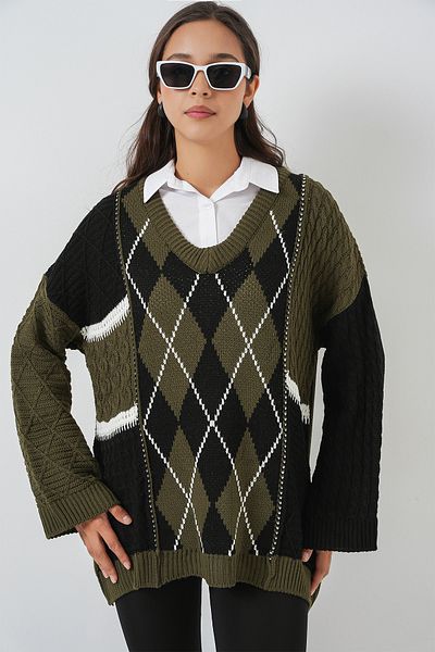 Bigdart Pulover de damă cu decolteu în V cu model 15933 - kaki