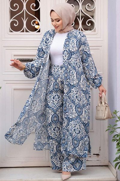 N.S NEVA STYLE Patterned Indigo Blue Hijab Double Kimono Set 12884Im
