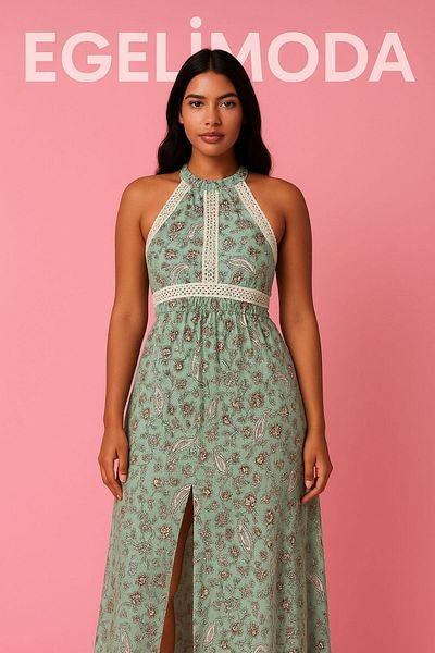 EGELİMODA Floral Print Backless Slit Long Viscose Dress