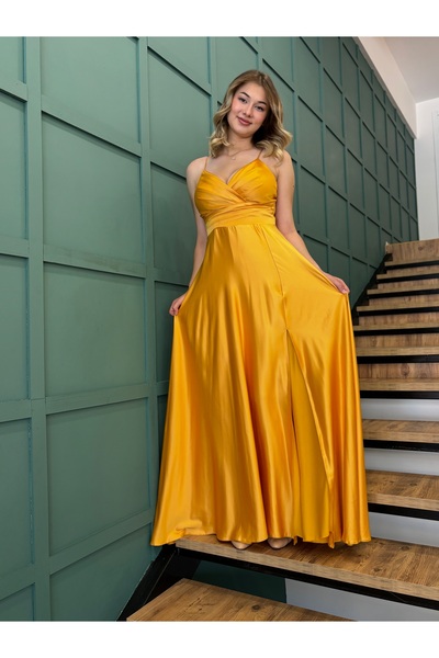 AYHAN Satin Long Evening Dress with Slit and Thin Straps