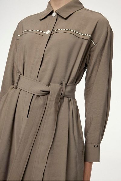 Zühre Shirt Collar Belted Khaki Double Suit Tk-1649