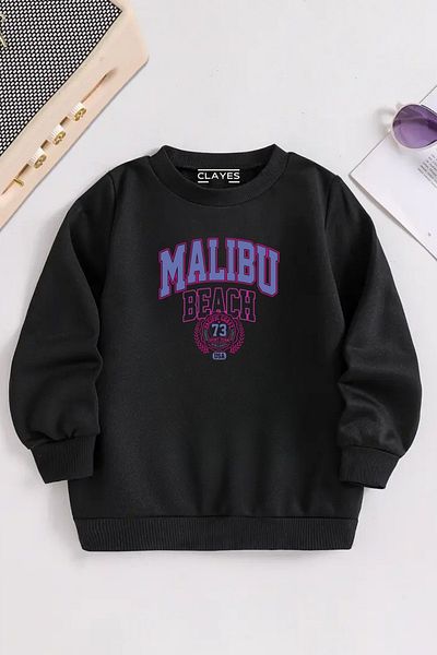 VBSVİBES Children's Black Crew Neck Malibu Beach Printed, Winter Thick Raised Fabric