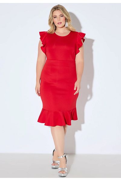 Şans Women's Plus Size Red, Scuba Fabric, Flounced Short Sleeve Dress 65N39047