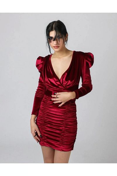 Bak Moda Rochie burgundă cu mâneci lungi, cu detaliu de centură din catifea satinată