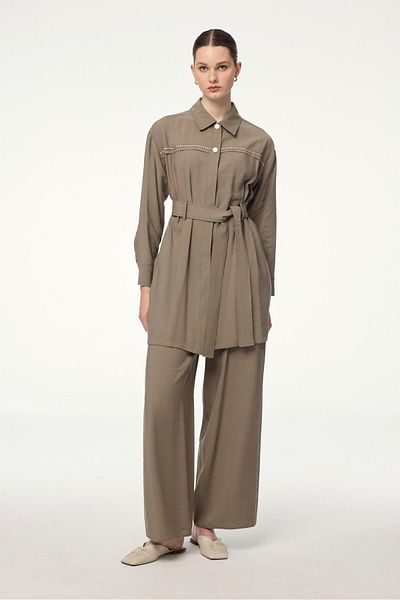Zühre Shirt Collar Belted Khaki Double Suit Tk-1649