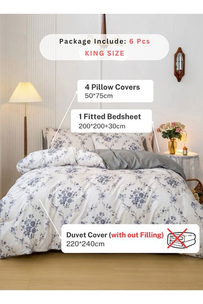 LUNA HOME 6 Piece King Size Bedding Set without filler Bohemian with Blue Flowers Design 220x240cm.