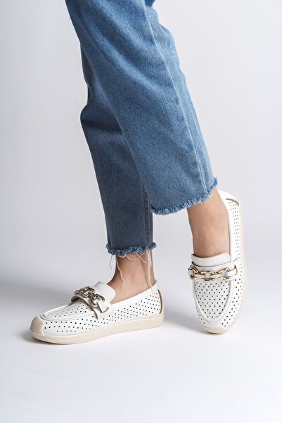 Joy Ayakkabı Layla laceless orthopedic comfortable sole heart patterned women's flat shoes ckt - white