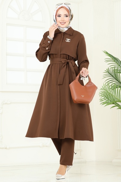 ModaMerve Bolero Detaylı Tesettür Kombin 23023UKB139-MS Kahve