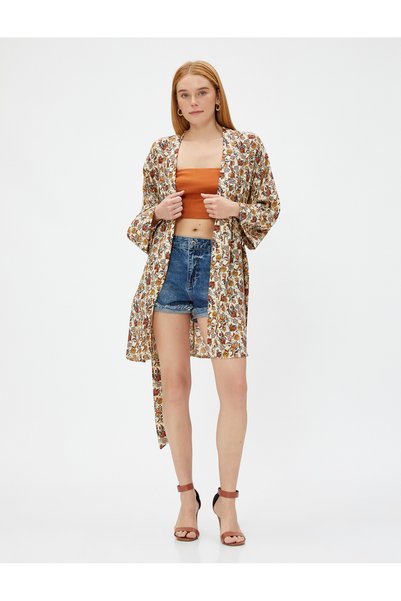 Koton Brown Women's Midi Floral Belted Kimono