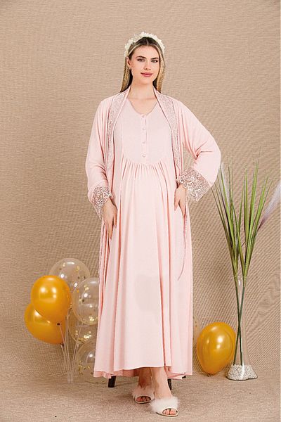Lady Lingerie Maternity-Pregnant 2-Piece Set with Morning Dress, Long Sleeves, Button Collar Nightgown