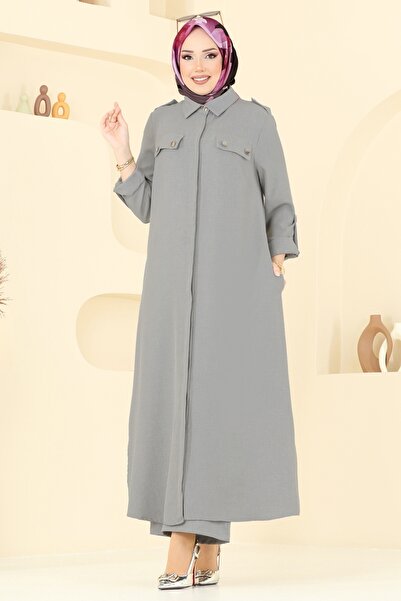 ModaMerve Aksesuar Düğmeli Sofia Takım 23017UKB139-MS Koyu Gri