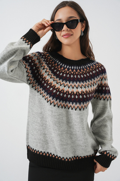 Bigdart Γυναικείο Πλεκτό Πουλόβερ με σχέδιο 15932 - Γκρι