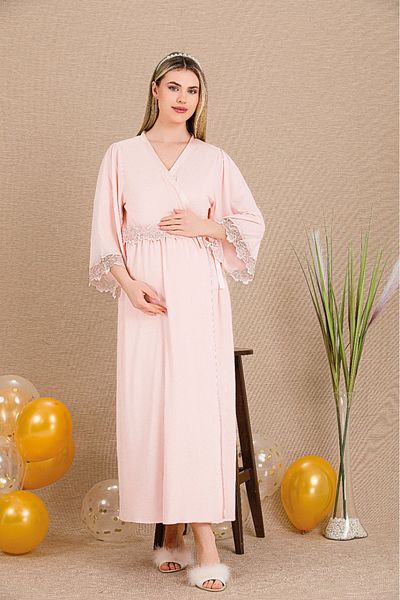 Lady Lingerie Maternity-Pregnant 2-Piece Set with Short Sleeve Nightgown and Dressing Gown