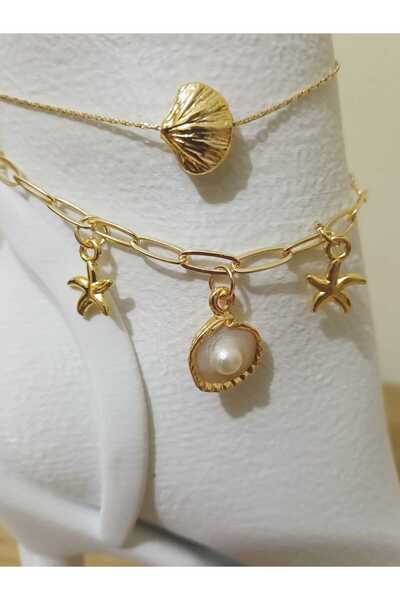 OLEN Women's Steel Anklet Set of 2 – Gold Color, White Pearl, Seashell and Starfish Detail