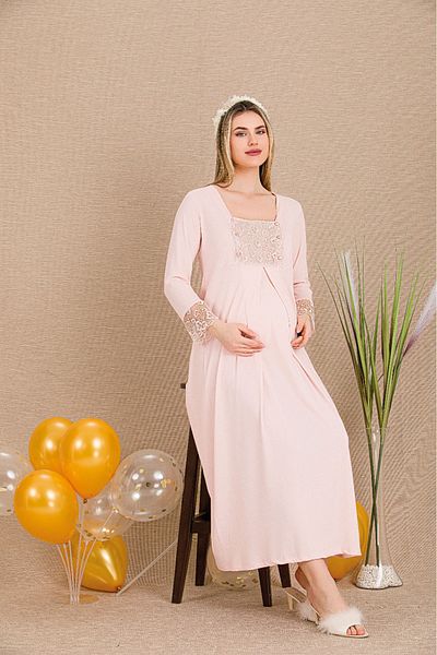 Lady Lingerie Long Sleeve, Lace, Button Collar Maternity-Nightdress