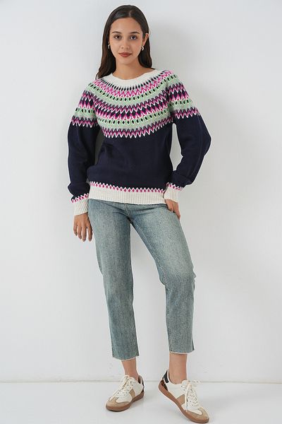 Bigdart Women's Patterned Knitwear Sweater 15932 - Navy Blue