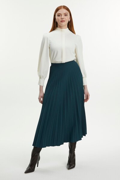 Zühre Pleated Patterned Emerald Skirt Etk-0155