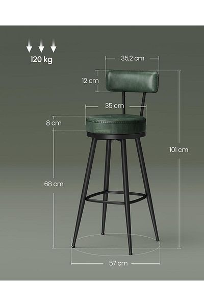VASAGLE set 2 scaune de bar rotative 360°, cu spatar, inaltime 101 cm, cadru otel, verde