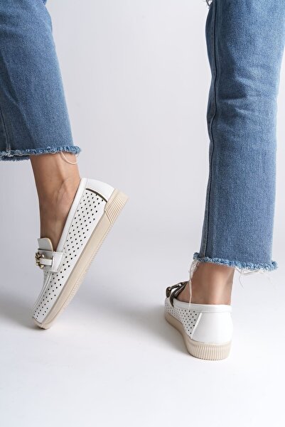 Joy Ayakkabı Layla laceless orthopedic comfortable sole heart patterned women's flat shoes ckt - white