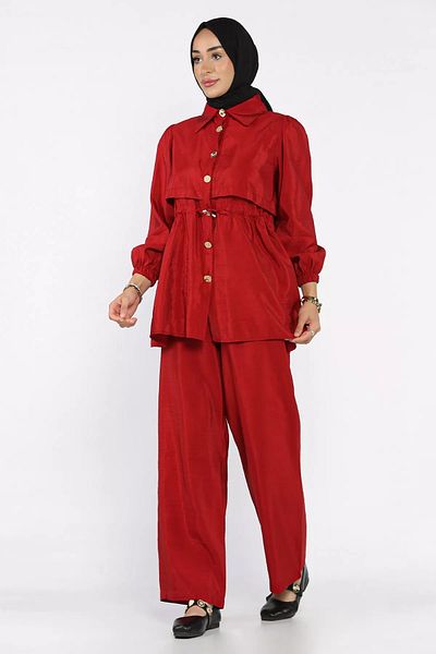 julude Burgundy Women's Gold Buttoned Waist Tie Detailed Tunic Trousers Hijab Double Suit (S-M-L Size Compatible)