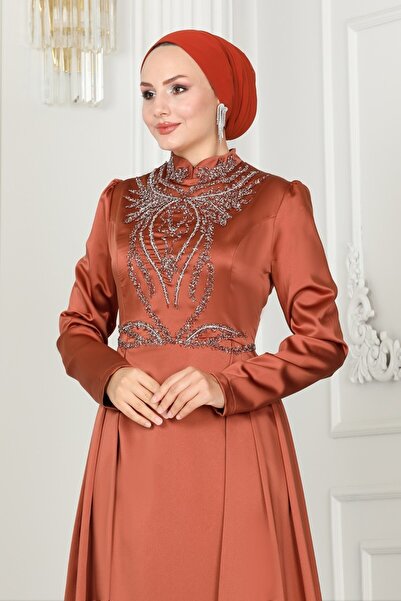 ModaMerve Taş Detaylı Kuyruklu Abiye 52878ALM181-MS Bakır