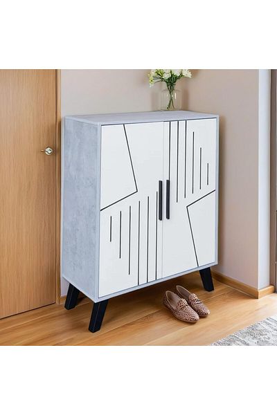 BAITY Wooden Shoe Cabinet with Two Doors and Four Shelves, Gray and White
