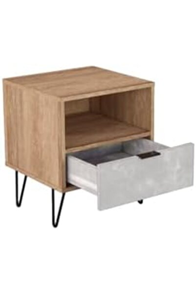 BAITY Side Table (Nightstand) with Drawer and Shelf, Wooden and Gray Color