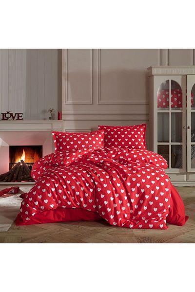 Pucioasa Double bed linen made of 100% cotton, red with white hearts, Amor V1