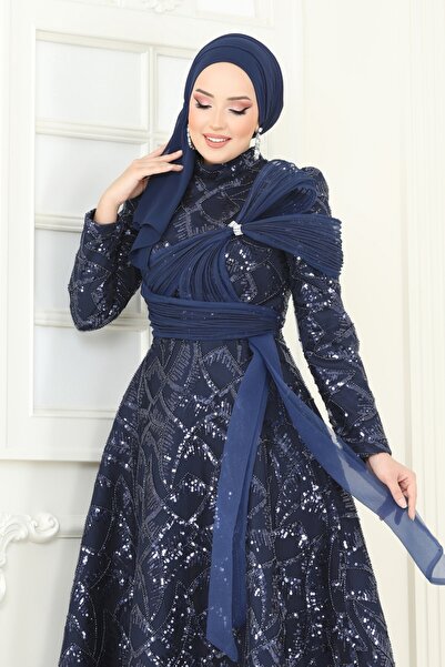 ModaMerve Sual Stone Detail Evening Dress 5099D170-Ms Navy
