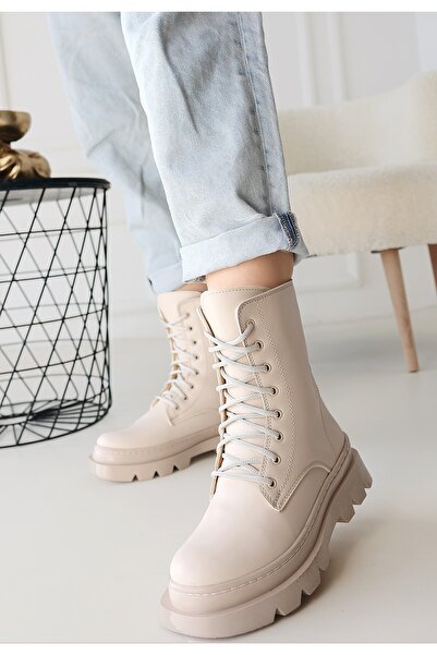 Zerenyus Orge Beige Lace-Up Women's Boots