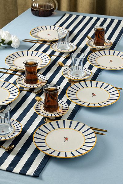 clasavm Blue Bird Patterned 18 Piece Cake Set |   Blue - White Striped Sweet Set |   18 Piece Luxury Dessert Set