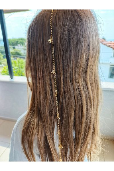 LORESİMA AKSESUAR Gold Color Dolphin Detailled Hair Chain ​​(Chain ​​Length 45cm)