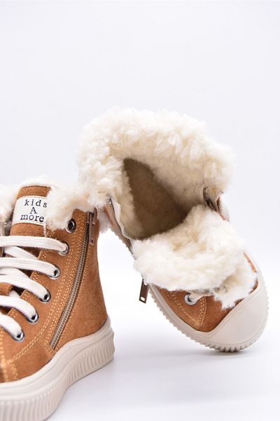 kids A more Keops Girls' and Boys' Genuine Leather Laced and Zippered Fur Lined Tan Color Boots