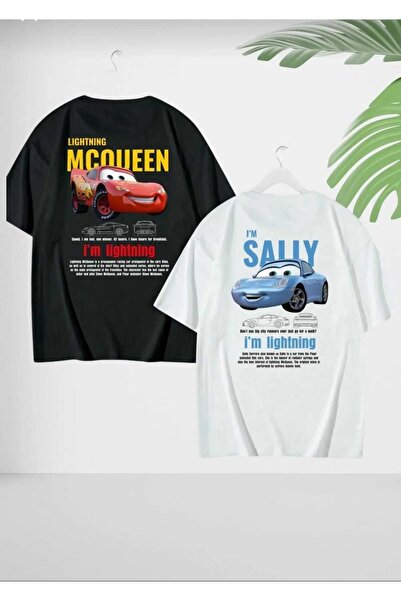 LELVANİ Women Men Unisex Sally & Mcqueen Cars Lover Couple Combination Oversize Rekli T-Shirt 2-Pack