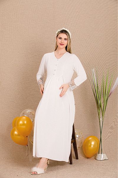 Lady Lingerie Long Sleeve, Button Collar, Lace Maternity-Nightgown