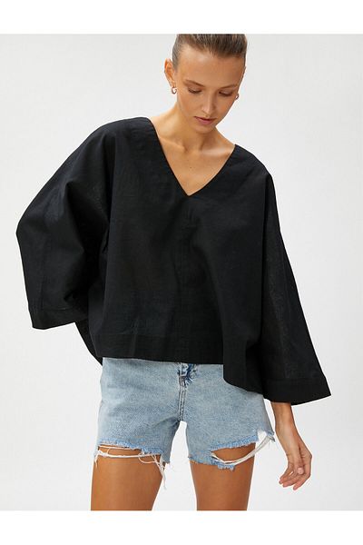 Koton Oversized Blouse Linen Blended V Neck