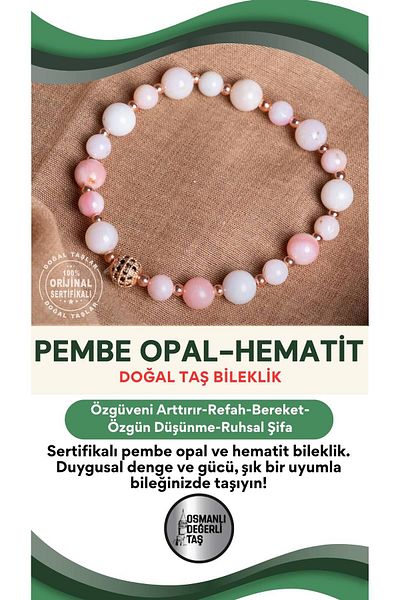 OSMANLI DEĞERLİ TAŞ Certified Pink Opal-Hematite Natural Stone Bracelet 6-8 mm